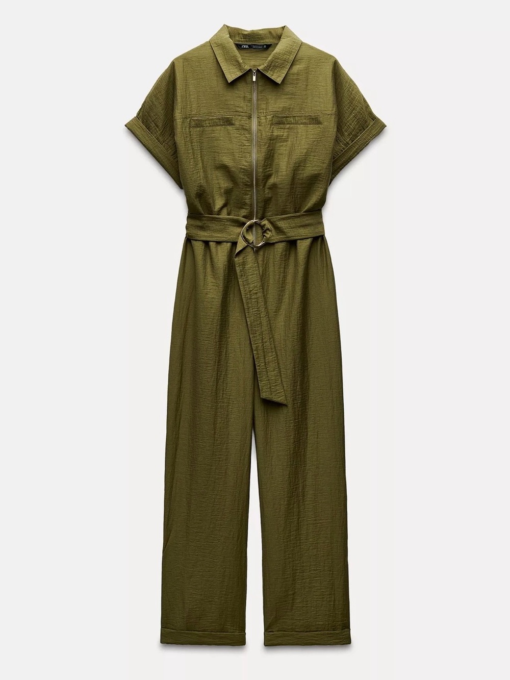 ZARA OLIVE GREEN LONG JUMPSUIT WITH ZIPPER AND BELT - size: M - New With Tags